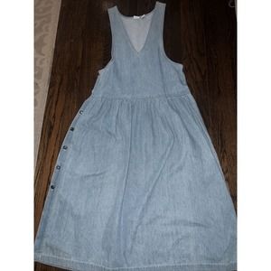 Vtg Prairie Pinafore Dropwaist Denim Dress Side Button Women Medium